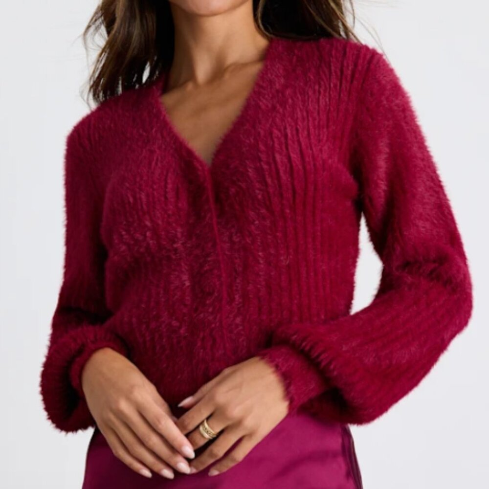 Colby Dark Red Eyelash Knit Button-Front Cardigan Sweater- SMALL ONLY